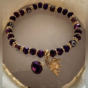 Purple Beaded Evil Eye Bracelet with Gold Elephant Charm